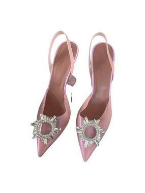 Amina Muaddi Pink Pointed-Toe Slingback Heels with Crystal Sunburst